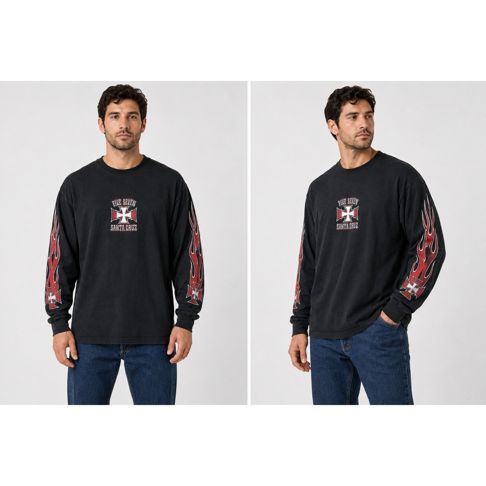 Hanes Beefy-T Five Seven Santa Cruz Long Sleeve Shirt Black XL Iron Cross Flame